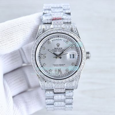 Swiss Replica Rolex Datejust Sivler Face Full Diamond SS Watch 41mm